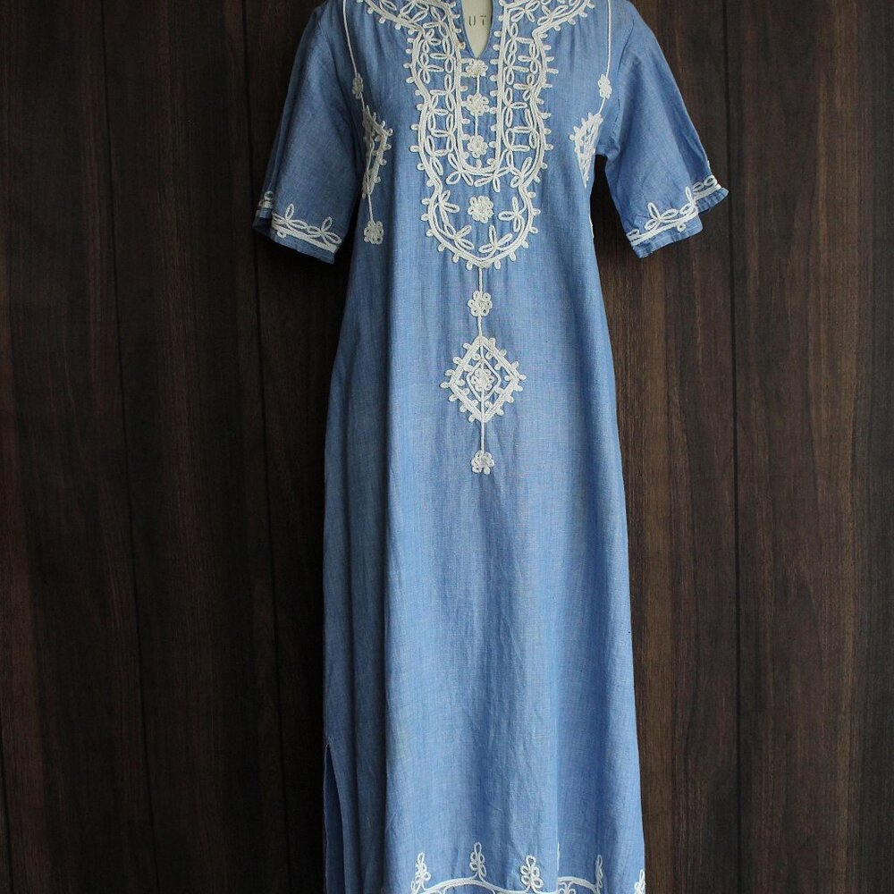 Vintage 1970s Caftan Dress, Blue Maxi Dress with White Embroidery, Traditional - Picture 2 of 10